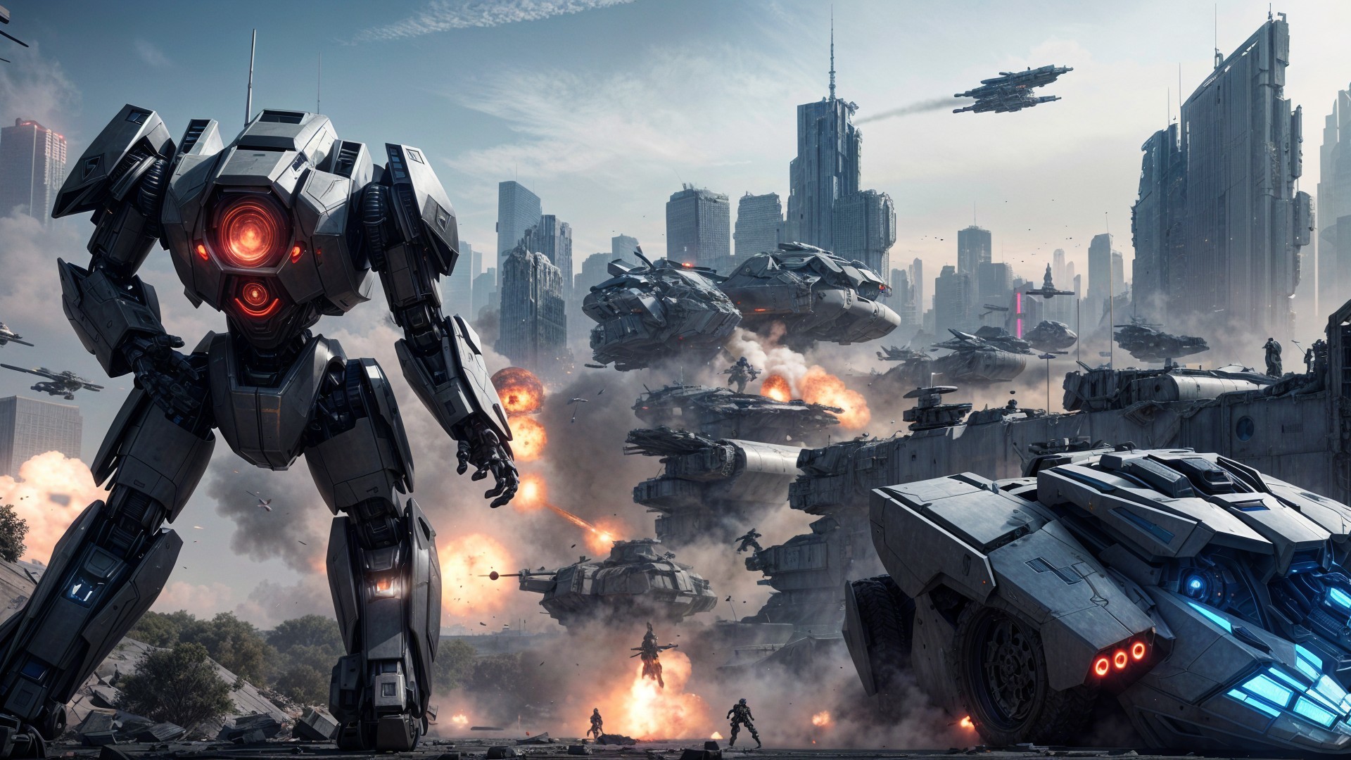 Futuristic cityscape with robots and spacecraft in chaos