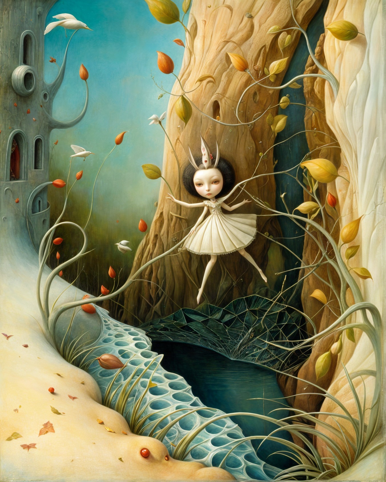 Surreal Landscape with Whimsical Figure and Nature Elements