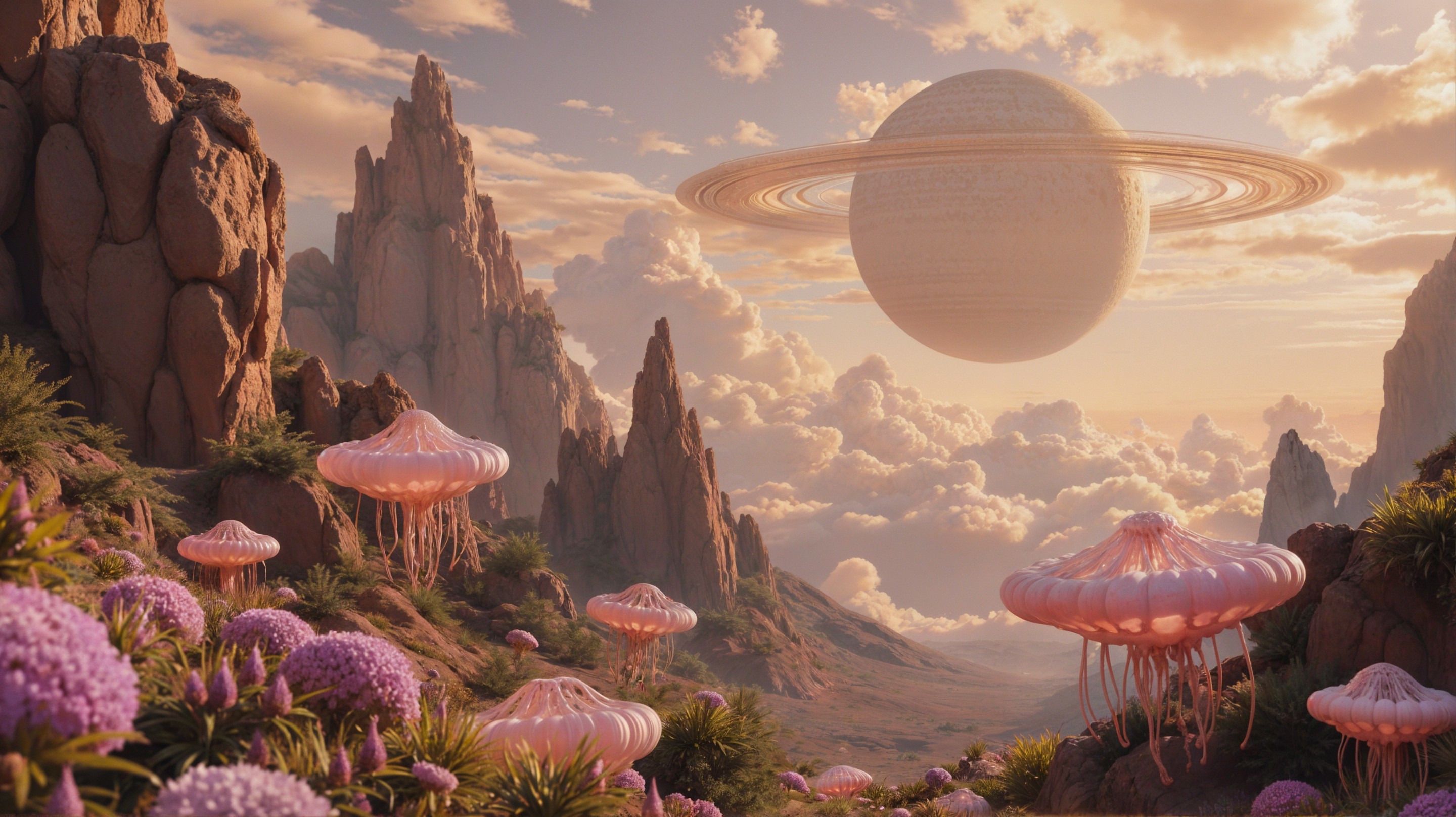 Fantastical Landscape with Mountains and Alien Flora