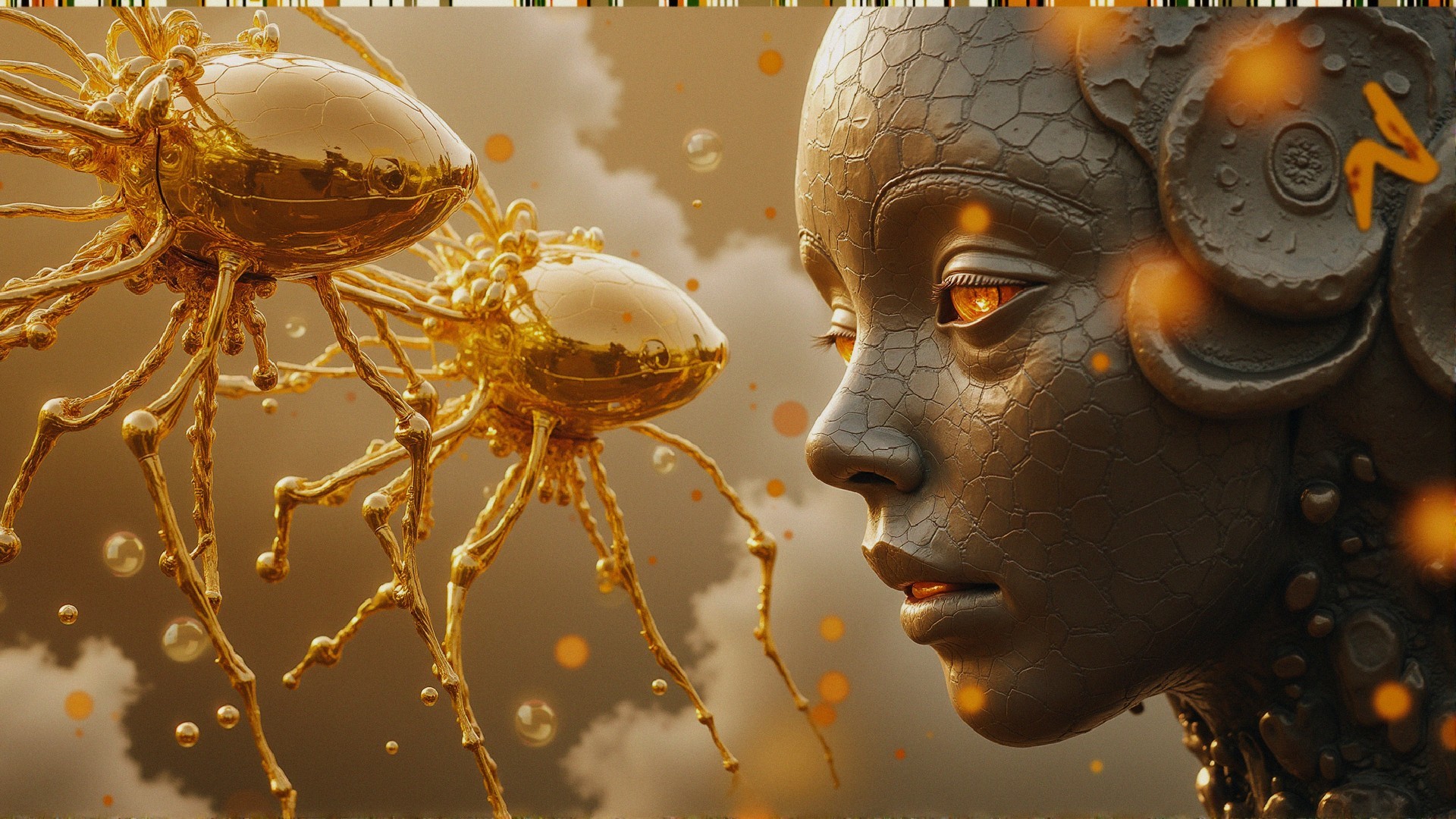 Futuristic Metallic Humanoid Face with Glowing Eyes