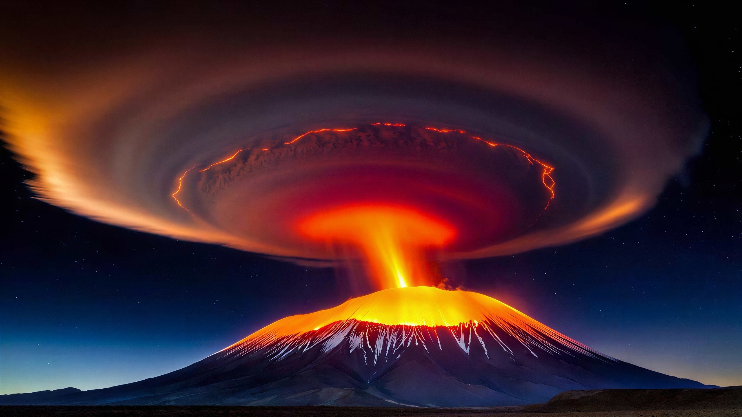 Volcano Eruption at Night with Lava and Ash Cloud