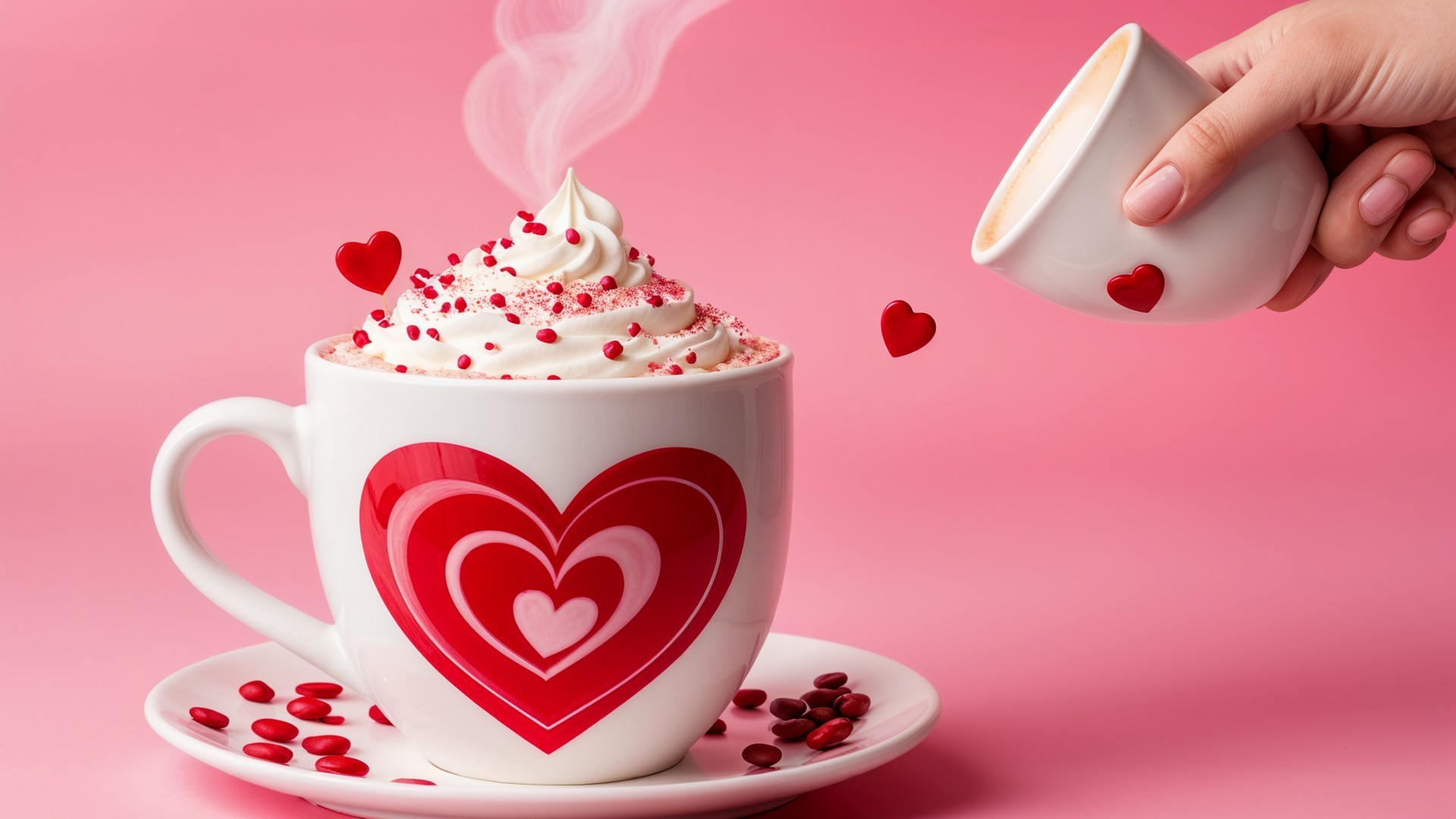 White Mug with Red Hearts and Coffee on Pink Plate