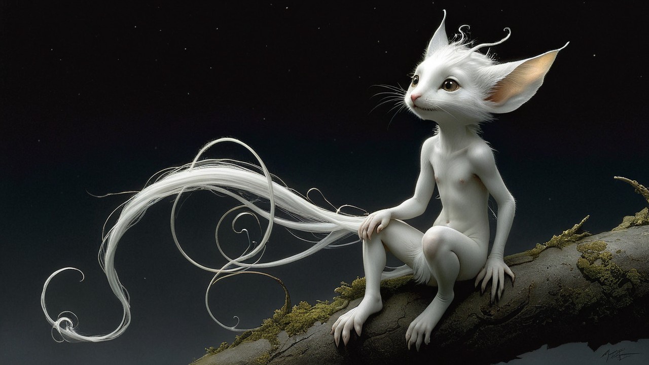 Whimsical Creature on Mossy Branch Under Starry Sky
