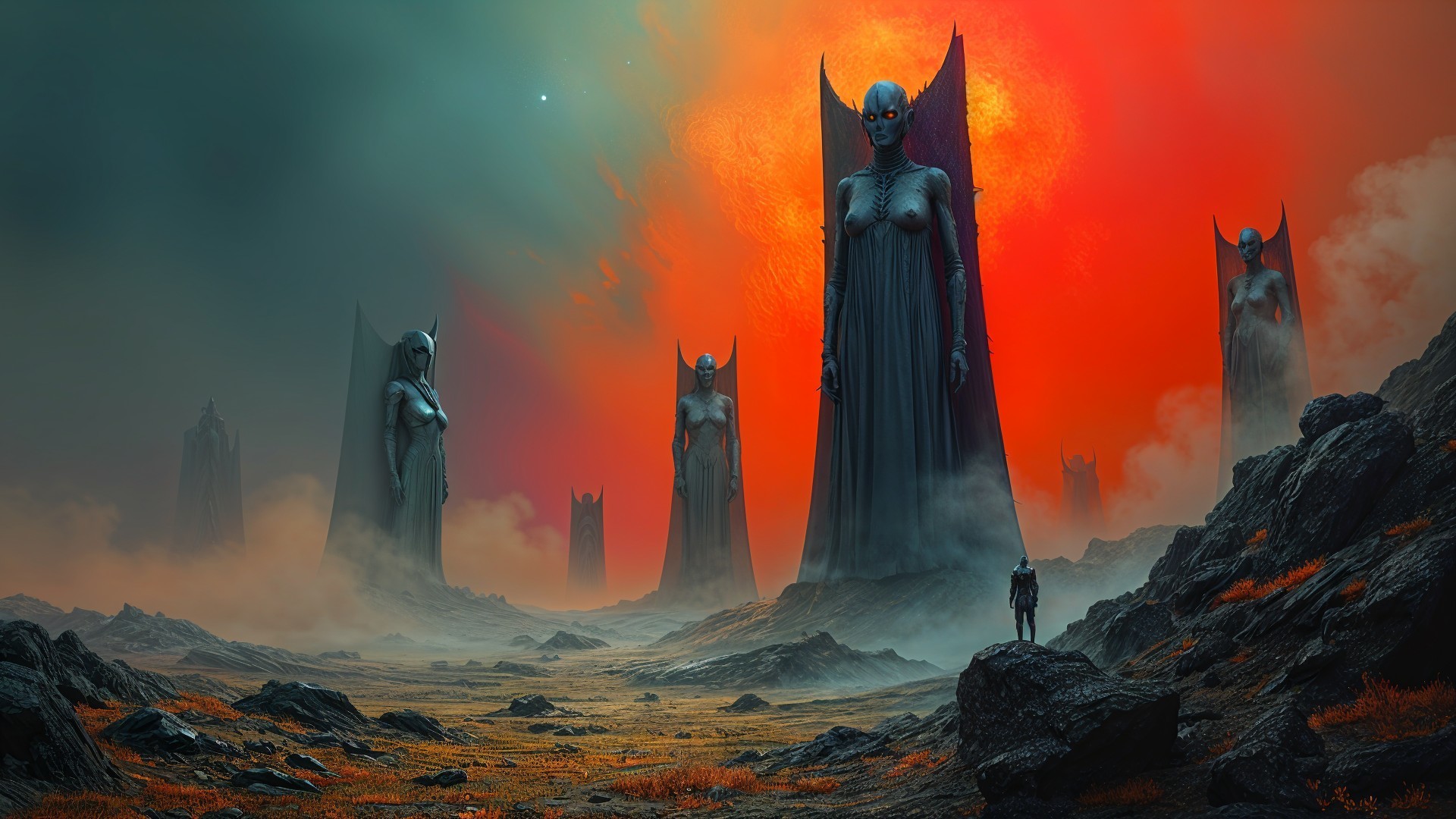 Surreal Landscape with Ethereal Figures and Fiery Sky