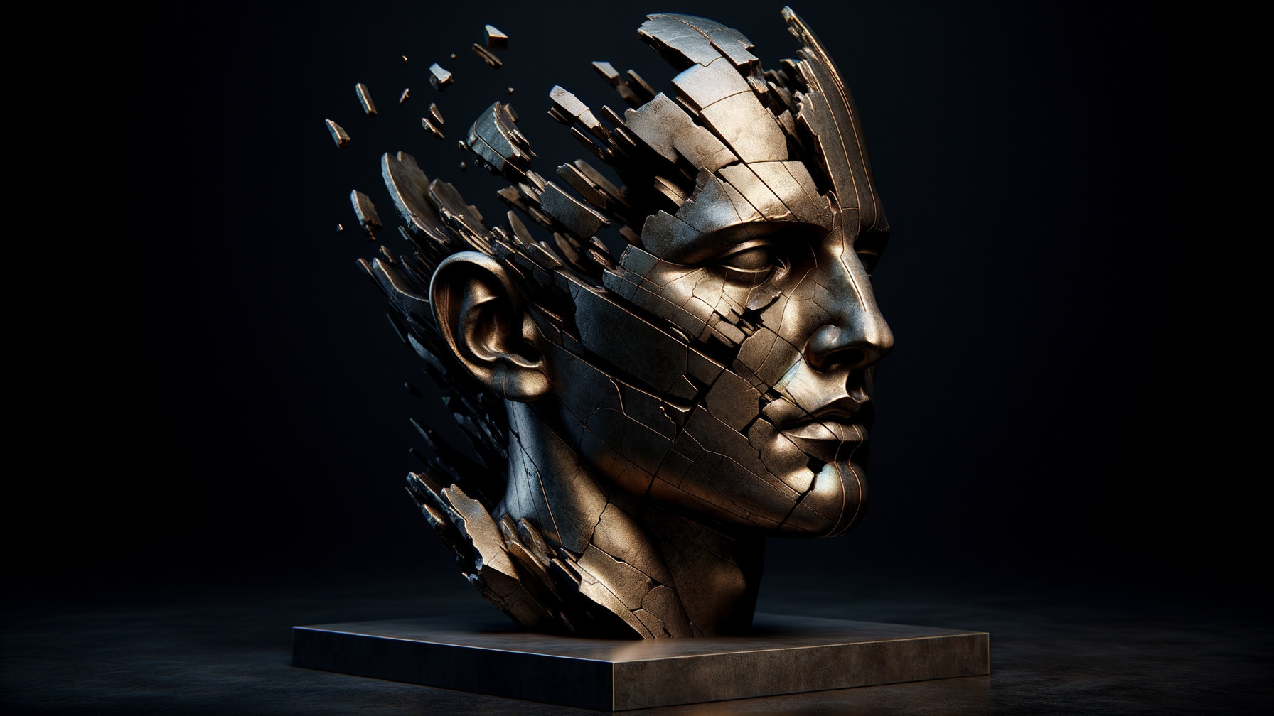 Bronze Humanoid Head Sculpture with Fragmented Details