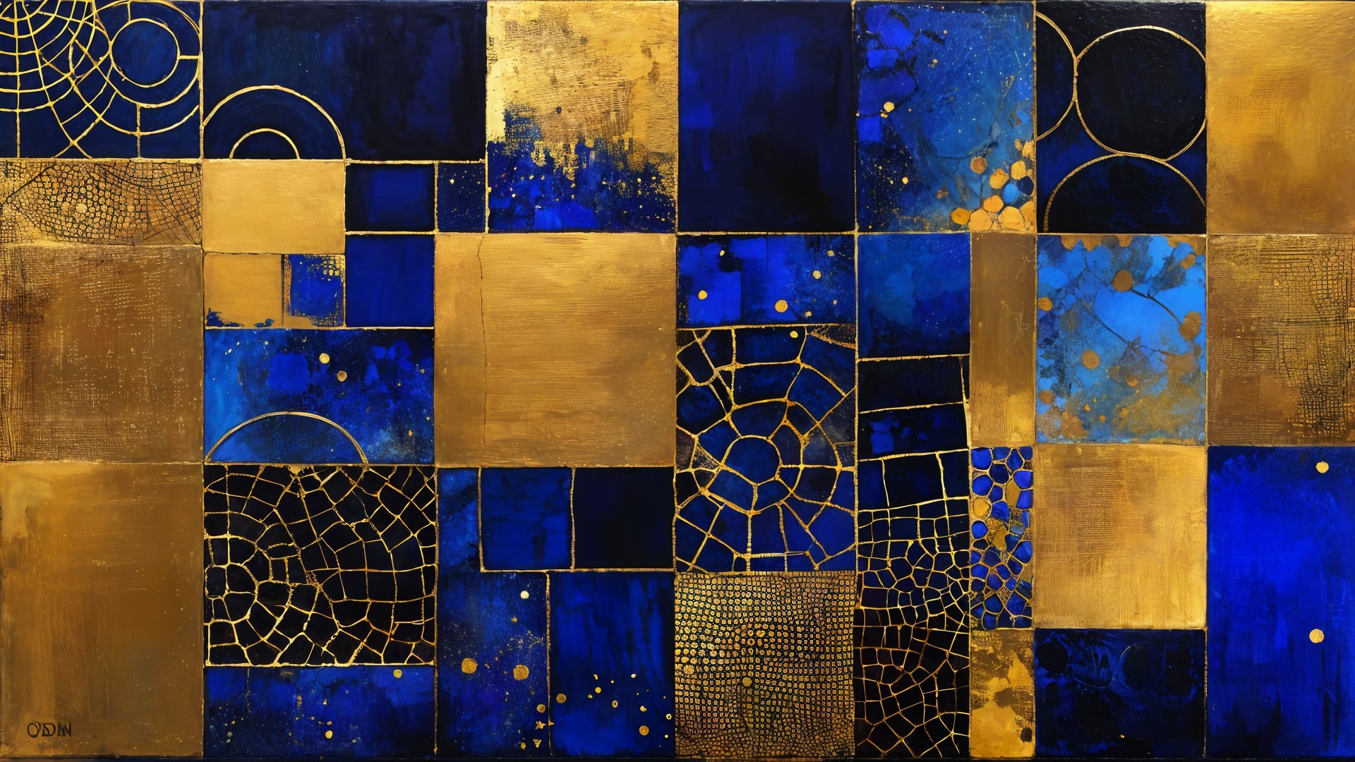 Abstract Composition of Blue and Gold Geometric Shapes