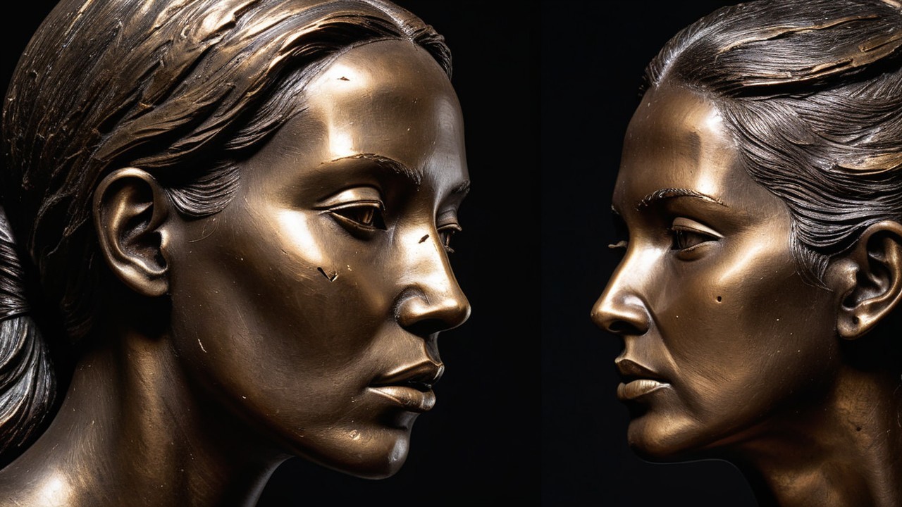 Bronze Busts of a Woman in Profile on Black Background