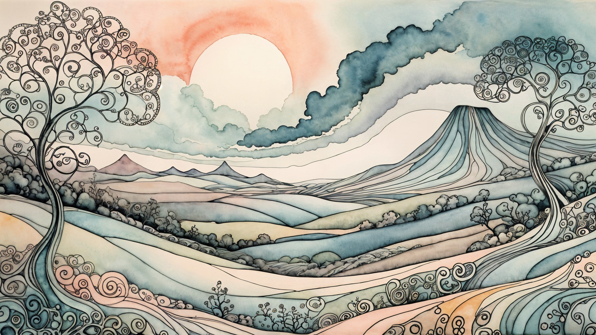 Whimsical Landscape with Volcano and Colorful Sunrise