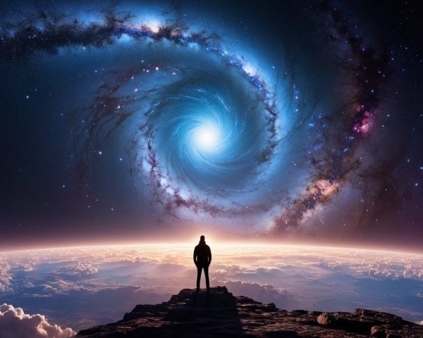 Person on Rocky Outcrop Overlooking Cloudy Planet