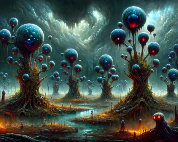 Surreal Landscape with Tree-like Structures and Orbs
