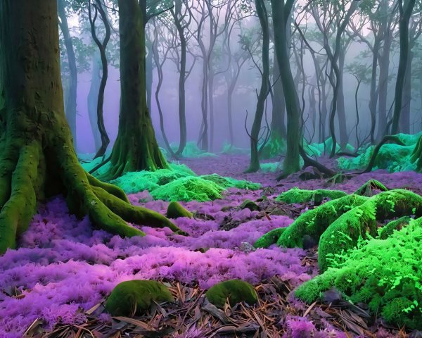 Fantastical Forest Scene with Moss and Misty Haze