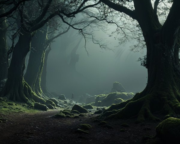 Path Through a Dark Forest with Mossy Trees and Rocks
