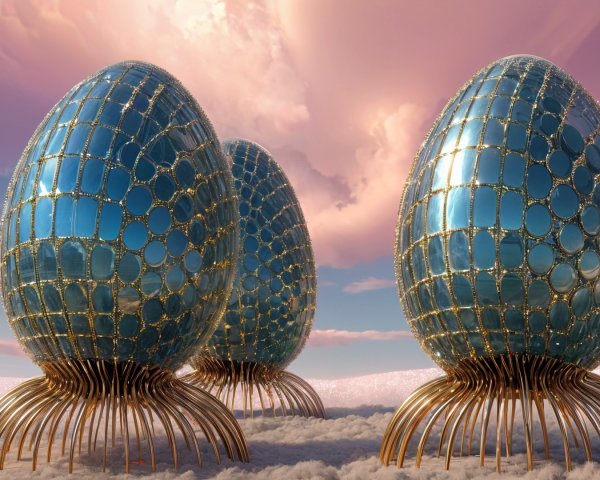 Reflective Blue Egg-Shaped Structures on Cloud-Like Ground