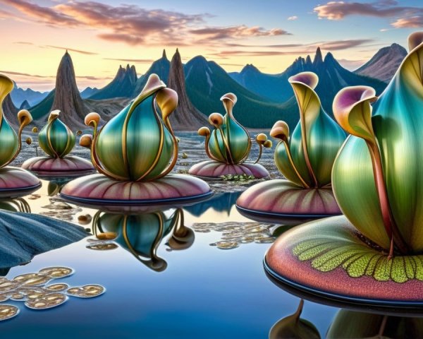 Surreal Landscape with Vibrant Flowers and Mountains
