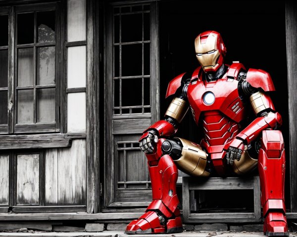 Digitally Rendered Iron Man Suit on Rustic Porch