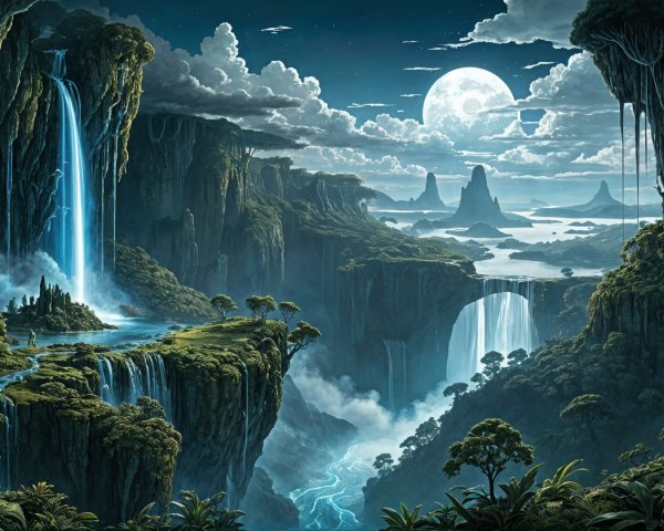 Fantasy Landscape with Cliffs, Waterfalls, and Mushrooms