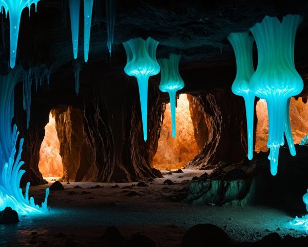 Mystical cave with glowing blue formations and textures