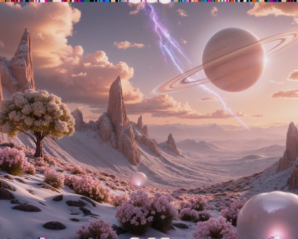 Extraterrestrial Landscape with Rock Formations and Flowers
