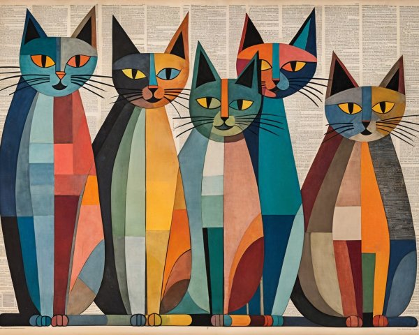Abstract Artwork of Five Colorful Geometric Cats