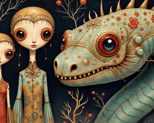 Whimsical Scene with Girls and a Dragon-Like Creature