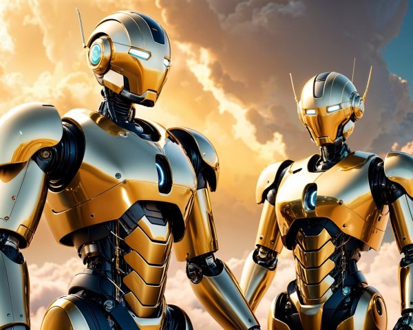 Humanoid Robots with Gold and Silver Armor in Clouds