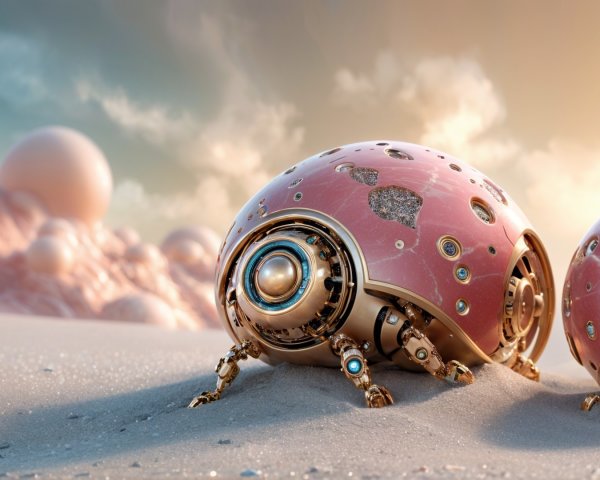 Futuristic ladybug robots on an alien sandy planet