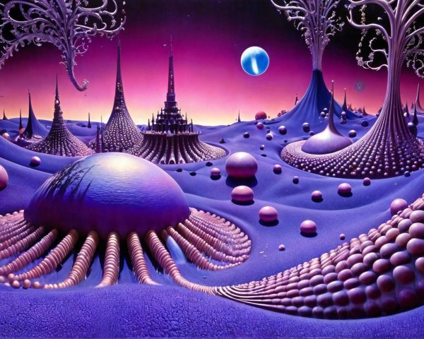 Surreal Landscape with Alien Flora and Gradient Sky
