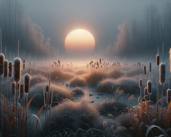 Misty Dawn Landscape with Cattails and Frosted Grasses