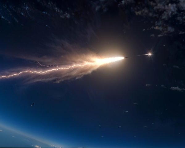 Rocket launch with flames and smoke against dark sky