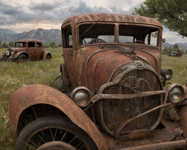 Vintage Rusted Cars in Overgrown Field Landscape
