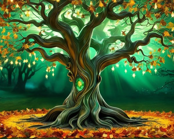 Majestic tree with emerald gemstone in mystical forest
