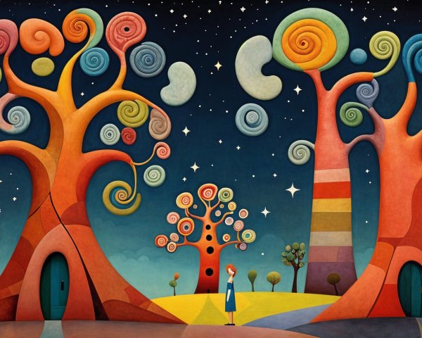 Whimsical Landscape with Colorful Trees and Night Sky