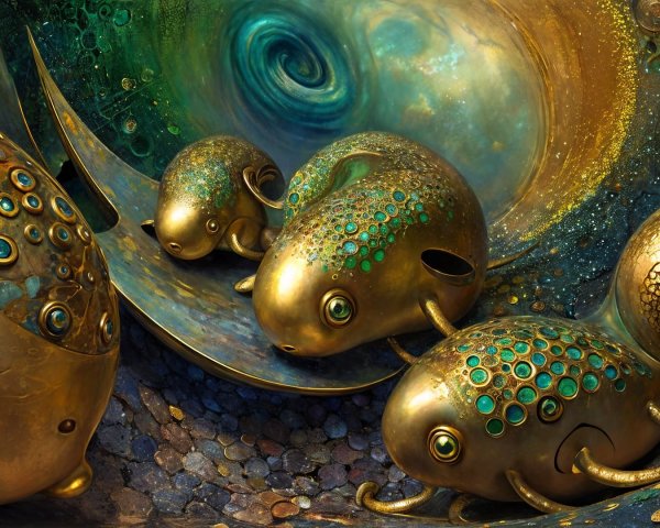 Surreal Underwater Scene with Golden Fish Creatures