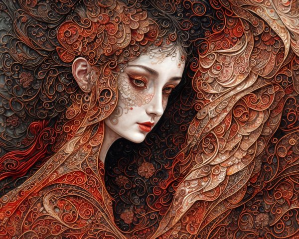 Intricate Portrait of a Woman with Flowing Hair Patterns