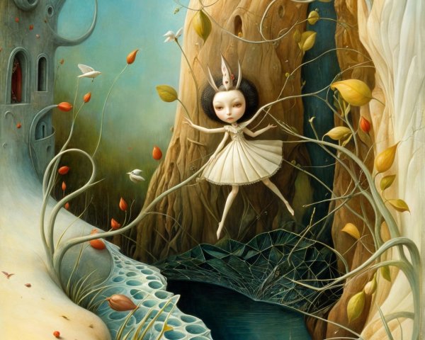 Surreal Landscape with Whimsical Figure and Nature Elements
