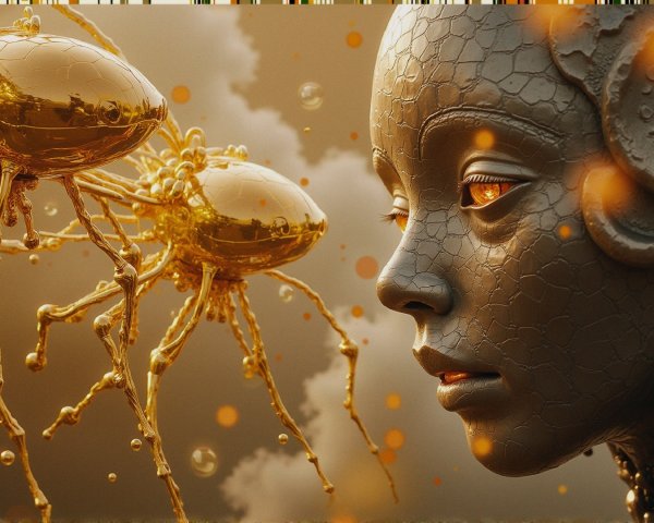 Futuristic Metallic Humanoid Face with Glowing Eyes