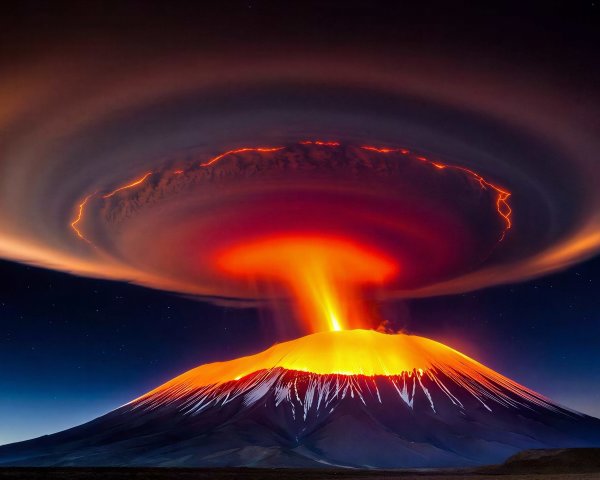 Volcano Eruption at Night with Lava and Ash Cloud