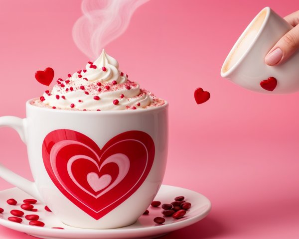 White Mug with Red Hearts and Coffee on Pink Plate