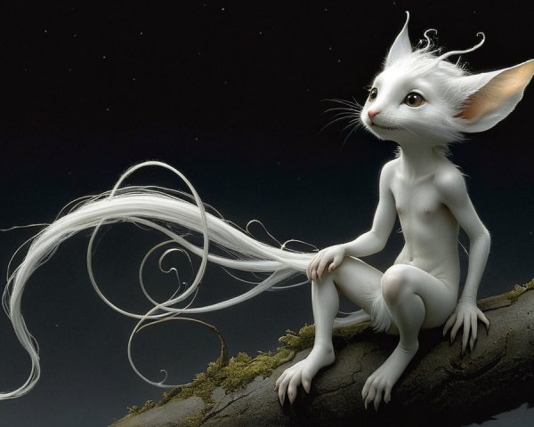 Whimsical Creature on Mossy Branch Under Starry Sky