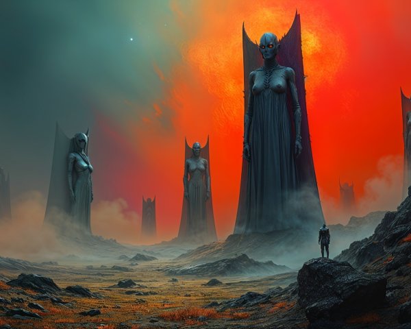 Surreal Landscape with Ethereal Figures and Fiery Sky
