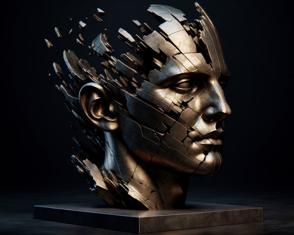 Bronze Humanoid Head Sculpture with Fragmented Details
