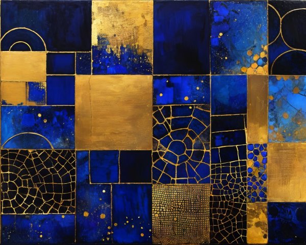 Abstract Composition of Blue and Gold Geometric Shapes
