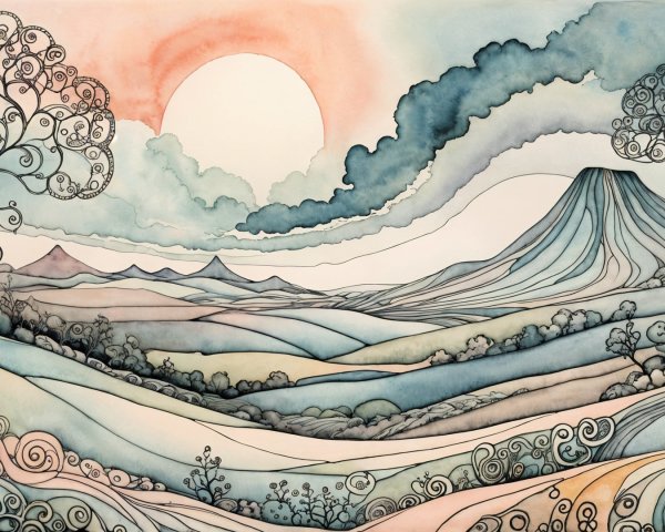 Whimsical Landscape with Volcano and Colorful Sunrise