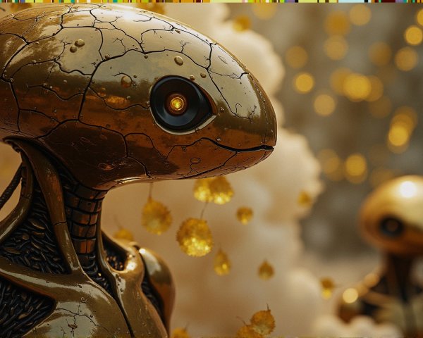 Futuristic humanoid robots in a dreamy cloud background