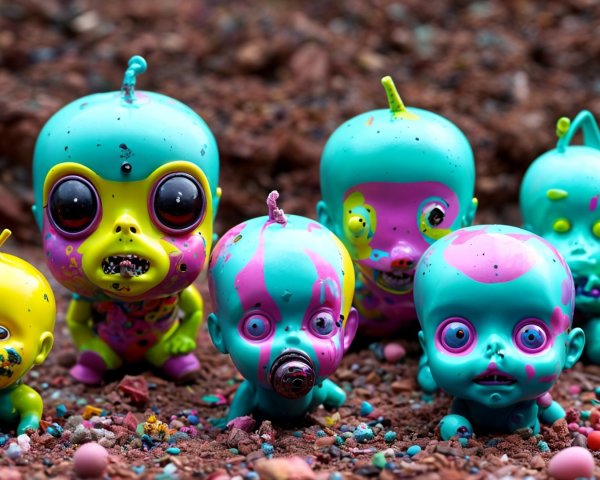 Vibrant Baby Dolls with Unique Designs on Textured Surface