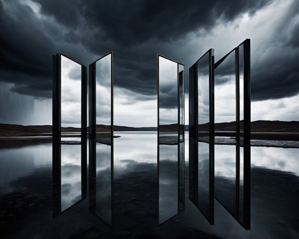 Surreal Landscape with Reflective Mirrors and Lake