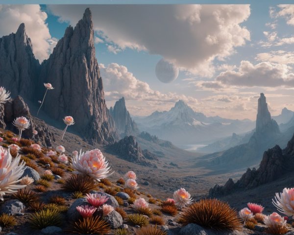 Alien Landscape with Rocky Mountains and Flowers