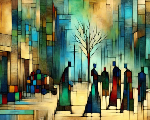 Vibrant Abstract Scene with Geometric Shapes and Figures
