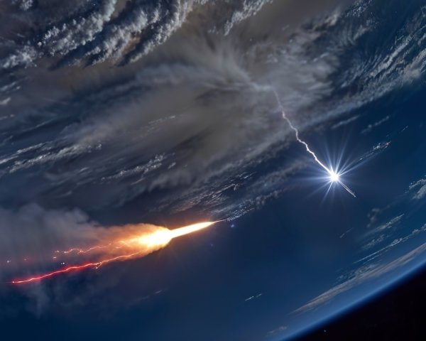 Rocket Launch with Flames and Lightning Above Clouds