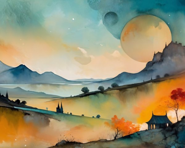 Tranquil Landscape with Rolling Hills and Distant Mountains